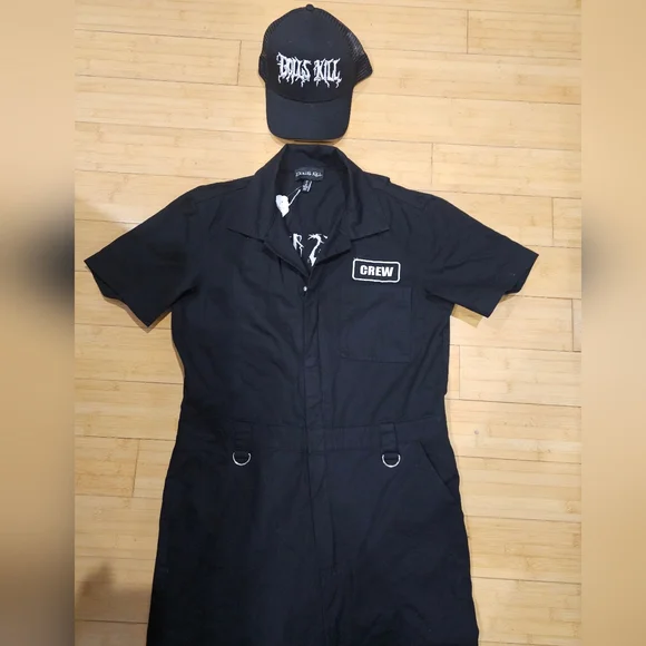Rare Dolls Kill Logo Crew Merch Unisex Black White Jumpsuit Boiler Suit & Hat S - Picture 3 of 9